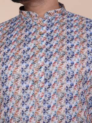 Men's blue and orange cotton silk kurta 4