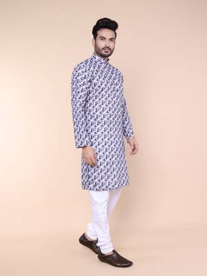 Men's blue and white cotton silk kurta 2