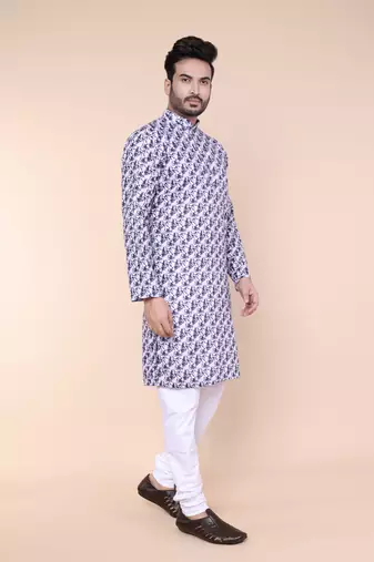 Men's blue and white cotton silk kurta