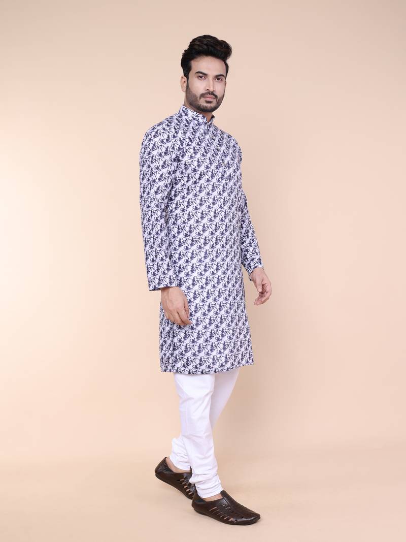 Men's blue and white cotton silk kurta