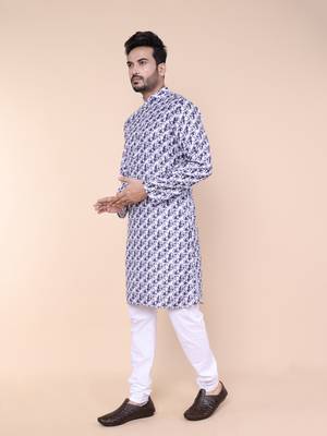 Men's blue and white cotton silk kurta 3