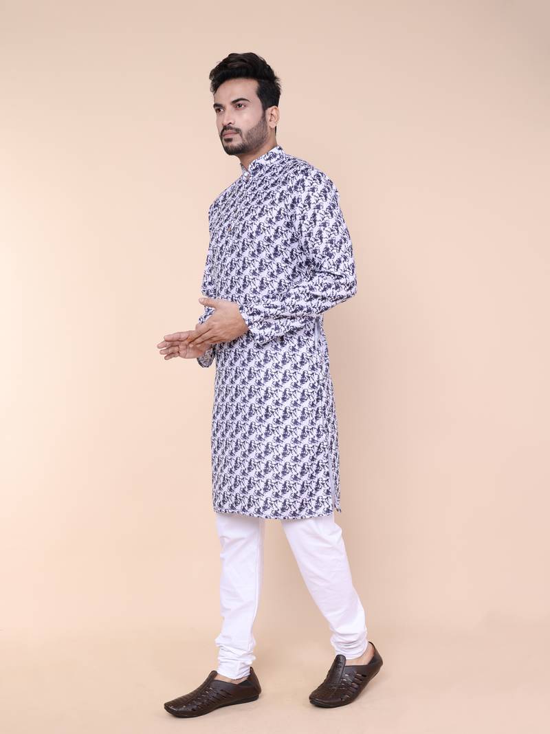 Men's blue and white cotton silk kurta