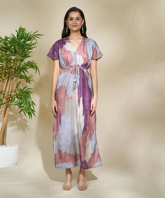 Brown purple printed kaftan dress with adjustable waist 1