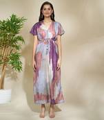 Brown purple printed kaftan dress with adjustable waist