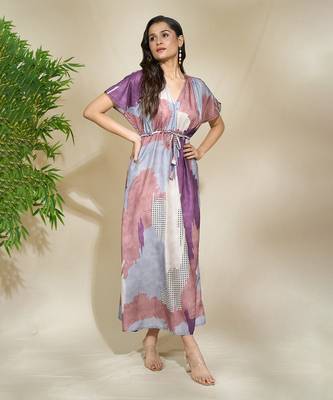 Brown purple printed kaftan dress with adjustable waist 2