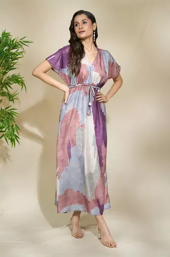 Brown purple printed kaftan dress with adjustable waist