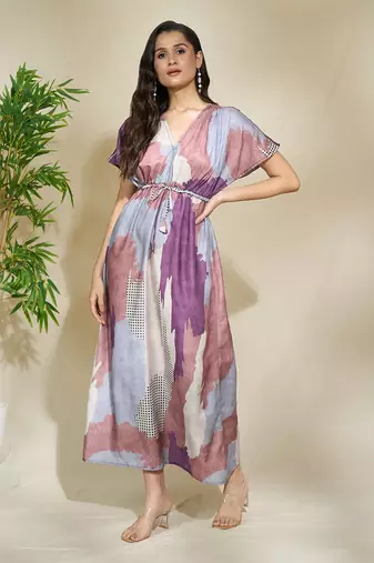 Brown purple printed kaftan dress with adjustable waist