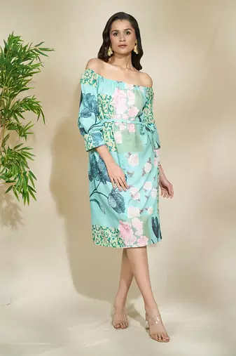 Blue floral off shoulder shirt dress with pockets belt