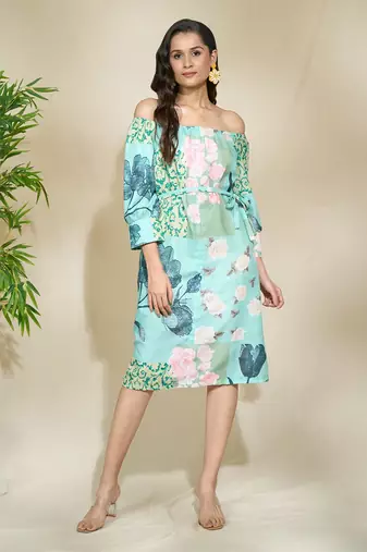 Blue floral off shoulder shirt dress with pockets belt