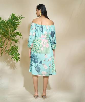 Blue floral off shoulder shirt dress with pockets belt 4