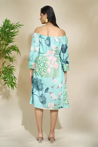 Blue floral off shoulder shirt dress with pockets belt