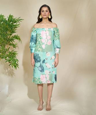 Blue floral off shoulder shirt dress with pockets belt 5