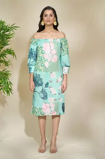Blue floral off shoulder shirt dress with pockets belt