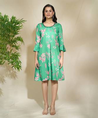 Green pink beaded dress a line with center pleate 2