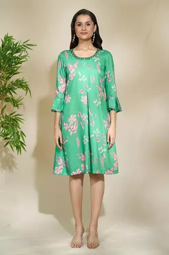 Green pink beaded dress a line with center pleate