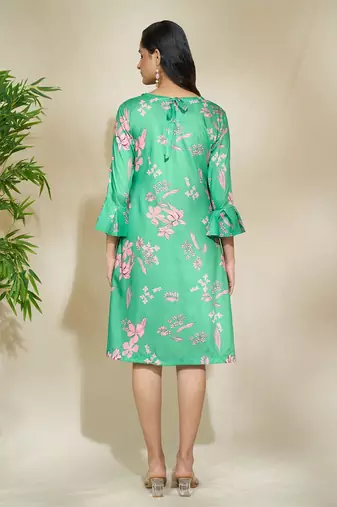 Green pink beaded dress a line with center pleate
