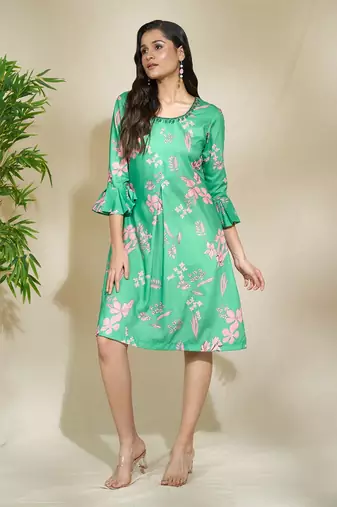 Green pink beaded dress a line with center pleate
