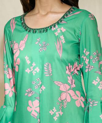 Green pink beaded dress a line with center pleate 5