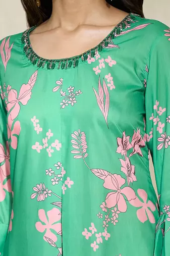 Green pink beaded dress a line with center pleate