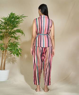 Striped multicolour vest coat pant set thin belt wear it with a top shirt or tie it closed without anything. 3