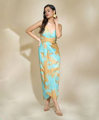 Peach printed drape dress with adjustable strap multi drapes 1