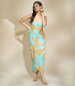 Peach printed drape dress with adjustable strap multi drapes
