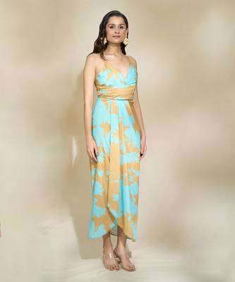 Peach printed drape dress with adjustable strap multi drapes 2