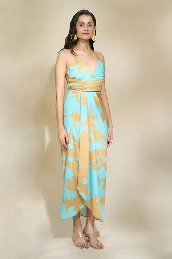 Peach printed drape dress with adjustable strap multi drapes