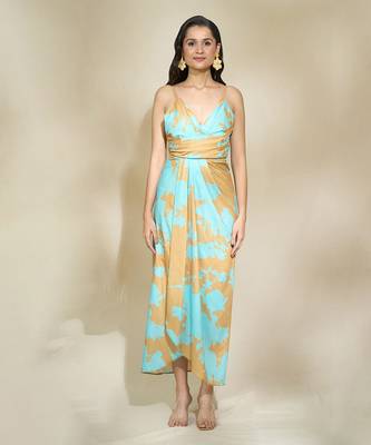 Peach printed drape dress with adjustable strap multi drapes 3
