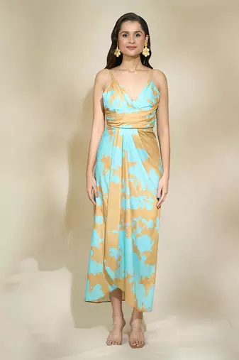 Peach printed drape dress with adjustable strap multi drapes
