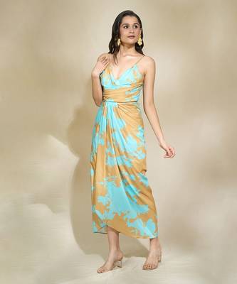Peach printed drape dress with adjustable strap multi drapes 4