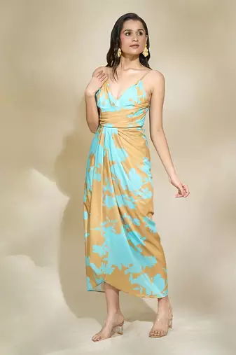 Peach printed drape dress with adjustable strap multi drapes