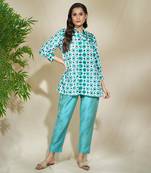 Aqua beaded shirt with intricate hand work of african bead cutdana sequnce blue jaam cotton pants