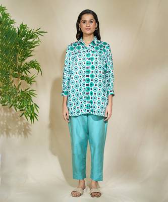 Aqua beaded shirt with intricate hand work of african bead cutdana sequnce blue jaam cotton pants 2