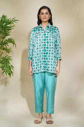 Aqua beaded shirt with intricate hand work of african bead cutdana sequnce blue jaam cotton pants
