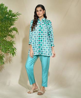 Aqua beaded shirt with intricate hand work of african bead cutdana sequnce blue jaam cotton pants 3