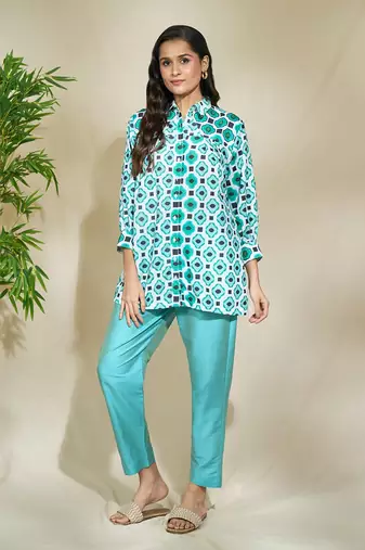 Aqua beaded shirt with intricate hand work of african bead cutdana sequnce blue jaam cotton pants