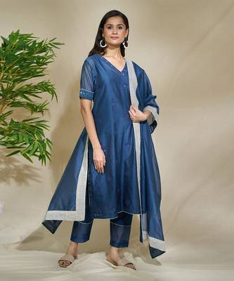 Indigo Plain Chanderi Kurta Set With Slip 1