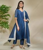 Indigo Plain Chanderi Kurta Set With Slip