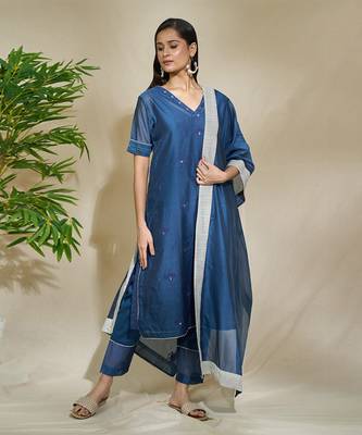 Indigo Plain Chanderi Kurta Set With Slip 2