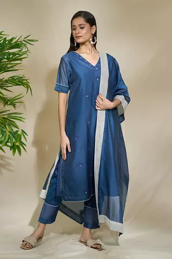 Indigo Plain Chanderi Kurta Set With Slip