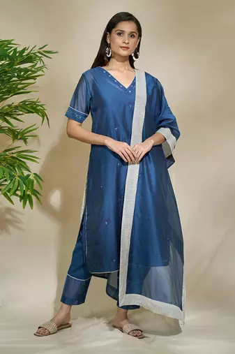 Indigo Plain Chanderi Kurta Set With Slip