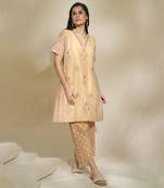 Beige chanderi mirror work cord set With  slip & pants