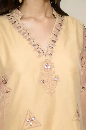 Beige chanderi mirror work cord set With  slip & pants