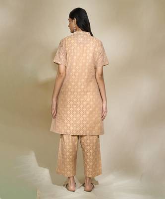 Beige chanderi mirror work cord set With  slip & pants 3