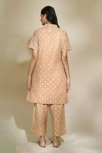 Beige chanderi mirror work cord set With  slip & pants