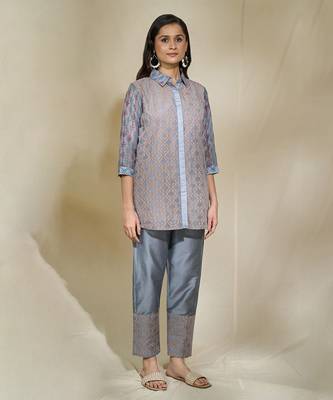 Grey mirror work shirt set - block printing pockets different print layouts mirror work pants 1