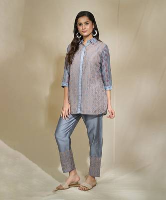 Grey mirror work shirt set - block printing pockets different print layouts mirror work pants 2