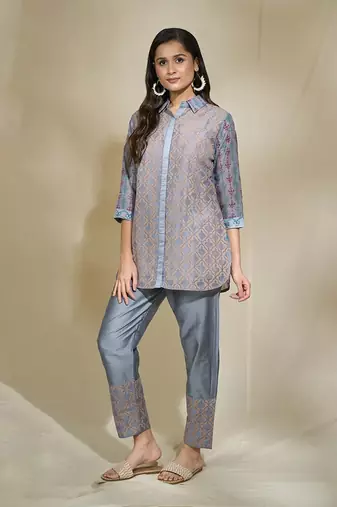 Grey mirror work shirt set - block printing pockets different print layouts mirror work pants