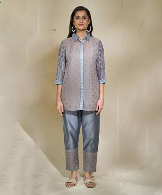 Grey mirror work shirt set - block printing pockets different print layouts mirror work pants 3